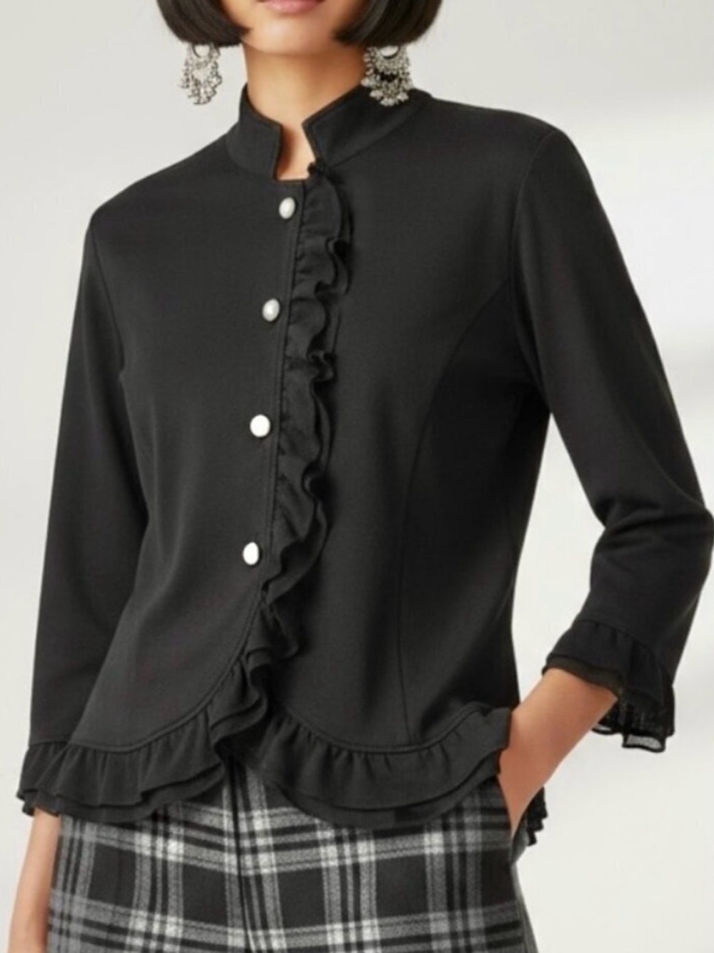 Black Gothic Ruffle Top Sz S High Neck Silver Buttons Whimsigoth Fairy Grunge